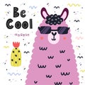 Be cool card with a cute llama in sunglasses. Scandinavian print with alpaca