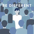 `Be different` illustration woman standing in crowd