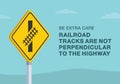 Be extra care, railroad tracks are not perpendicular to the highway road sign. Close-up view.