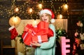 Be generous. Woman hold gift box christmas decorations background. Make your christmas orders and bookings early enough