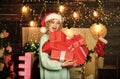 Be generous. Woman hold gift box christmas decorations background. Make your christmas orders and bookings early enough