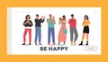 Be Happy, Cheering and Ovation Landing Page Template. Cheerful Characters Clap Hands. Men and Women Applaud, Support