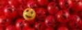 Be Happy Concept. Smile Emoji Between A Bunch of Angry Emoticons. 3D Rendering Banner