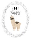 Be happy - Cute hand drawn nursery poster with cartoon character animal lamma and lettering. in scandinavian style. Color