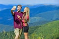 Be happy. man and woman in mountains. sense of freedom. Traveling couple make selfie. romantic selfie. Valentines day
