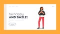 Be Happy and Smile Landing Page Template. Cheerful Female Character Clap Hands. Woman Applaud, Cheering and Ovation