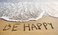 Be happy words written on beach sand-positive thinking concept Royalty Free Stock Photo