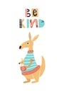 Be kind - Cute kids hand drawn nursery poster with kangaroo animal and lettering. Color vector illustration.