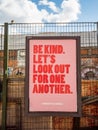 `Be kind, let`s look out for one another`. Advertising billboard campaign poster to boost morale of UK. Red Robin reads!