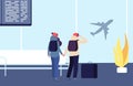 Be late for flight. Passengers and flying away plane vector illustration