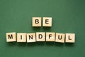 Be mindful word, quote written on a wooden green background. Meditation and welbeing concept