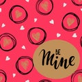 Be mine Hand drawn lettering on gold frame with pink background and sketch hearts. Royalty Free Stock Photo