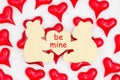 Be mine message on wood bear sign with red hearts on white fabric