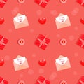 Be Mine Valentine Seamless Pattern In Red Colours. Vector Cartoon Illustration In Flat Style. Composition With Love