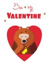 Be my valentine card of cartoon bear eating honey in red heart on white Royalty Free Stock Photo