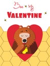 Be my valentine card of cute bear eat honey in red heart Royalty Free Stock Photo