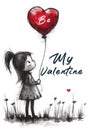 Be My Valentine - Cartoon Girl with Red Balloon