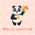 Be my Valentine. Cartoon illustration with funny panda, love letter and bouquet of tulip.