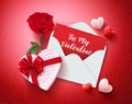 Be my valentine greeting card vector design with love letter, rose and gift