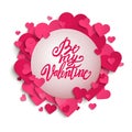 Be My Valentine handwritten brush pen lettering on banner with pink hearts, Valentine's Day,