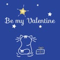 Be my Valentine. Hearts, cute dreaming cat looking at stars, night sky, gift, hand drawn. Vector Royalty Free Stock Photo