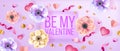 Be my Valentine love vector background, greeting card with anemone flowers, confetti, hearts, pearls. Royalty Free Stock Photo