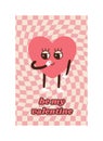 Be my valentine poster. Groovy style heart. Heart character in cartoon style. Comic happy heart character. Funky pattern and