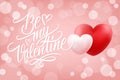 Be my Valentine romantic background with hand drawn lettering and realistic hearts.