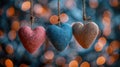 Be My Valentine: Romantic Heart-Shaped Background in Blue and Pink with Gold Bokeh Lights and Hearts on String for Greeting Royalty Free Stock Photo