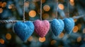 Be My Valentine: Romantic Heart-Shaped Background in Blue and Pink with Gold Bokeh Lights and Hearts on String for Greeting Royalty Free Stock Photo