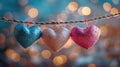Be My Valentine: Romantic Heart-Shaped Background in Blue and Pink with Gold Bokeh Lights and Hearts on String for Greeting Royalty Free Stock Photo