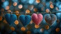 Be My Valentine: Romantic Heart-Shaped Background in Blue and Pink with Gold Bokeh Lights and Hearts on String for Greeting Royalty Free Stock Photo