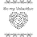 Be my Valentine, text. Coloring book. Cute Cat and Heart. Coloring page for adults and older children