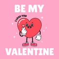 Be My Valentine Typography poster. Hippie 60s 70s retro style. Y2K aesthetic. Cartoon heart character finger heart banner, Backgro Royalty Free Stock Photo