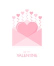 Be my Valentine - Valentines day greeting card. Pink envelope with big heart inside and hearts on stems on a white background