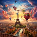 Surreal City of Love with Eiffel Tower on Floating Island and Vibrant Balloons Royalty Free Stock Photo