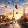 Surreal City of Love with Eiffel Tower on Floating Island and Vibrant Balloons