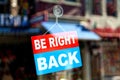 Be right back sign in a store window Royalty Free Stock Photo