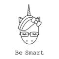 Be smart motivational slogan card with cute cartoon black and white unicorn with eyeglasses