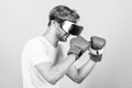 Be strong. man in VR glasses. Futuristic gaming. vr boxing. future innovation. modern gadget. Training boxing game Royalty Free Stock Photo