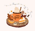 Pumpkin spice latte coffee with seasonal flavored products, coffee, latte,cake, pumpkin slice Royalty Free Stock Photo