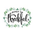 Always be thankful. Hand drawn lettering phrase