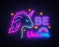 Be Unicorn neon sign vector design template. Unicorn neon sign, light banner design element colorful modern design trend