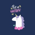 Vector cute unicorn head illustration, card and t-shirt design Royalty Free Stock Photo