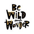 Be wild and wonder hand drawn vector phrase lettering. Isolated on white background Royalty Free Stock Photo