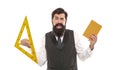 Be wise guy, give math try. Scared man back to school. Bearded man hold book and triangle. Brutal man ready for geometry