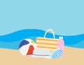 Flat illustration of Colorful beach ball, Beach bag, Water bottle face mask and Hat, sand, and sea Royalty Free Stock Photo