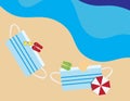 Face masks shape beach towels, umbrellas, flip flops, beach bag and sunglasses in the beach Royalty Free Stock Photo