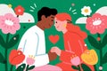 An illustration depicts a man and woman sitting close, holding hands amid large flowers and greenery. Royalty Free Stock Photo