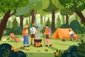 Four adults in hiking attire stand around a campfire with a grill, set in a lush, green forest. Royalty Free Stock Photo